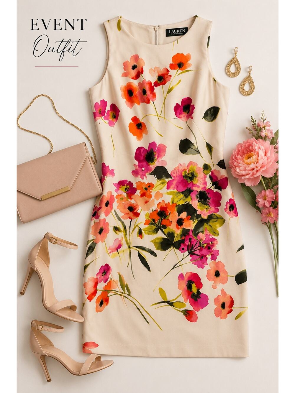 Lauren Ralph Lauren Floral Sheath Dress Pink Orange Sleeveless Career Cocktail